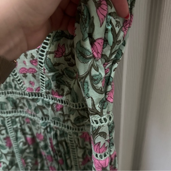 DRA Los angeles Floral Green Pink Dress maxi tiered short sleeve cotton s small - Picture 3 of 8